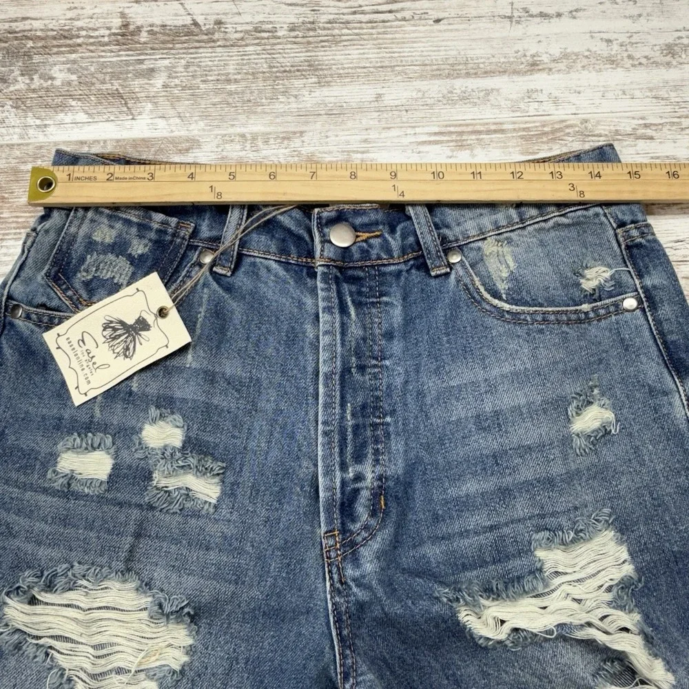 Hippie Bohemian Long Denim Jean Shorts Distressed Raw Hem Fringe Mom Jeans Sz‎ M